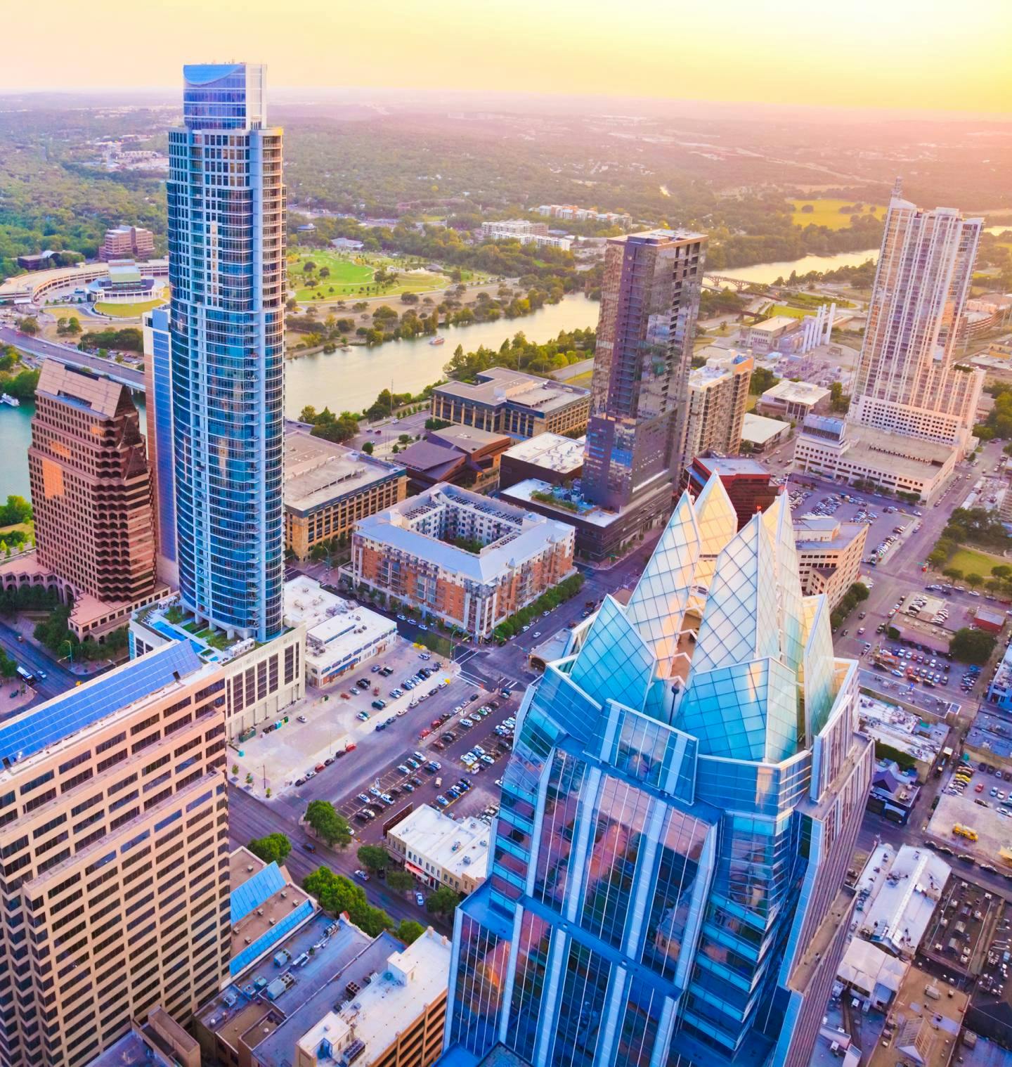 Aerial photo of Frost Tower in Austin, TX